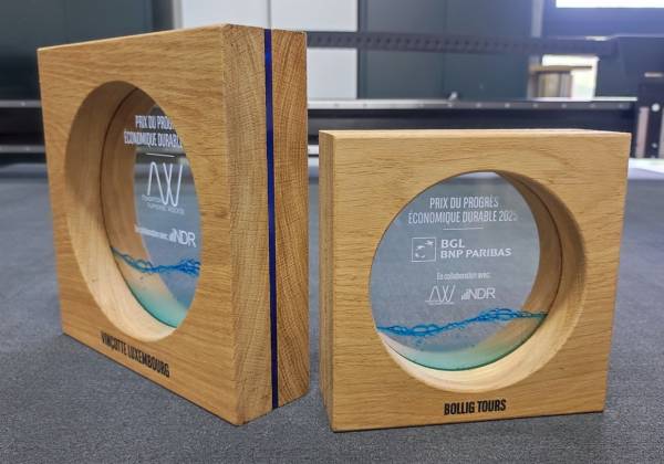 bgl, fondation alphonse weicker, indr, trophée,  prix du progres economique et durable 2025, luxembourg, plexiglas, laser, bois massif, impression UV