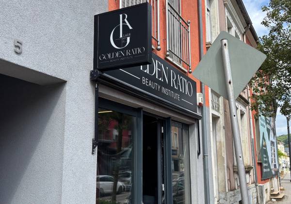 golden ratio, kayl, institut de beauté, enseigne, drapeau lumineux, cnc, dibond, fraisage