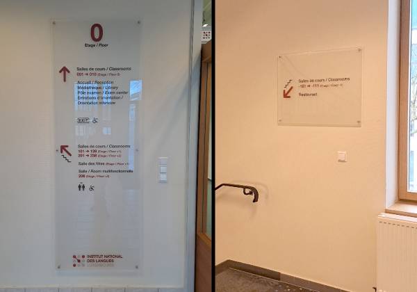 INL, Luxembourg, signalétiques, plexiglas, directionnelle, impression digitale canon océ arizona UV