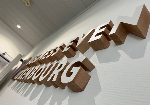 LUXEMBOURG CONVENTION BUREAU, gare, fraisage, cnc, logo 3D, bois massif, décoration murale, office design