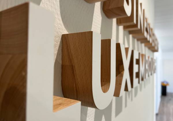 LUXEMBOURG CONVENTION BUREAU, gare, fraisage, cnc, logo 3D, bois massif, décoration murale, office design