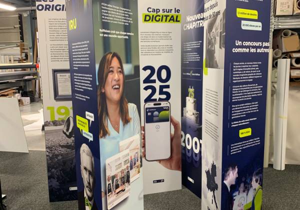 raiffeisen, totem, dibond, rockhal, digitalprint, colorado serie-m, communication