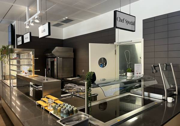 sodexo, pictet, caissons suspendus, signalétique, restaurant, fraisage, dibond