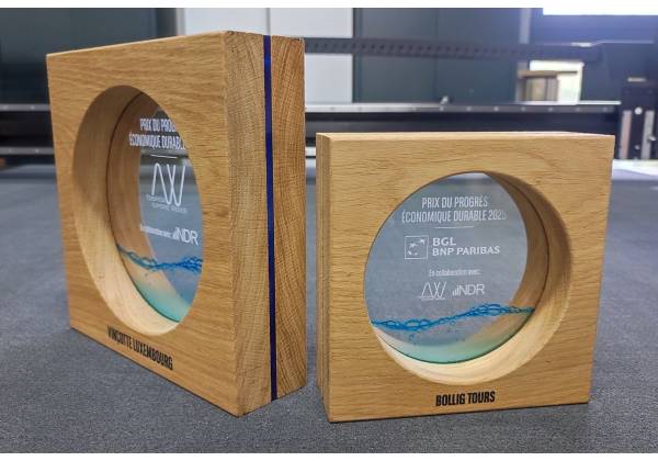 bgl, fondation alphonse weicker, indr, trophée,  prix du progres economique et durable 2025, luxembourg, plexiglas, laser, bois massif, impression UV