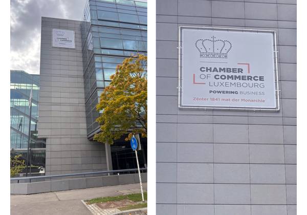 chamber of commerce, luxembourg, bache mesh, cadre alu, nacelle, kirchberg, impression digitale
