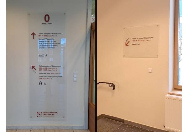 INL, Luxembourg, signalétiques, plexiglas, directionnelle, impression digitale canon océ arizona UV