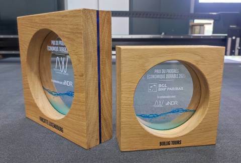 bgl, fondation alphonse weicker, indr, trophée,  prix du progres economique et durable 2025, luxembourg, plexiglas, laser, bois massif, impression UV