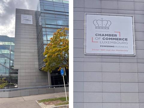 chamber of commerce, luxembourg, bache mesh, cadre alu, nacelle, kirchberg, impression digitale