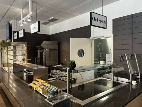sodexo, pictet, caissons suspendus, signalétique, restaurant, fraisage, dibond